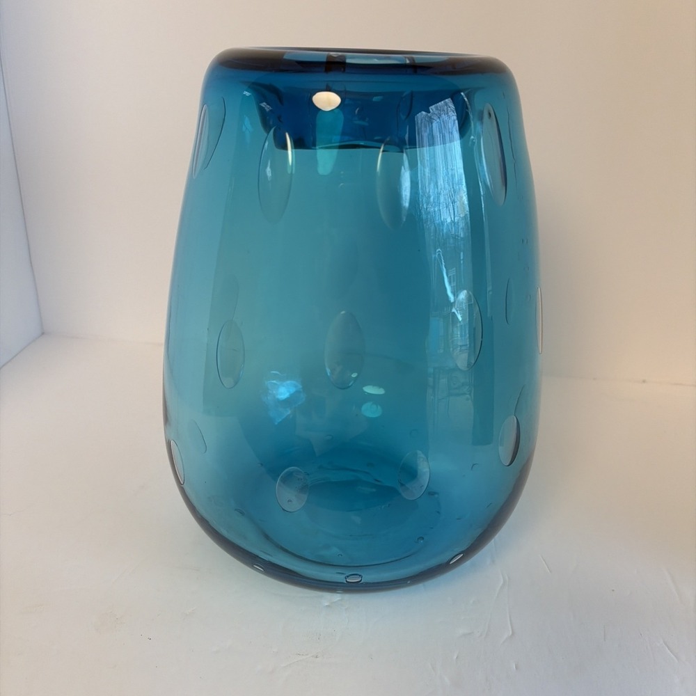 Beautiful Blue Glass Hand‎ Blown Vase With Large Bubbles Murano Style Teal Large